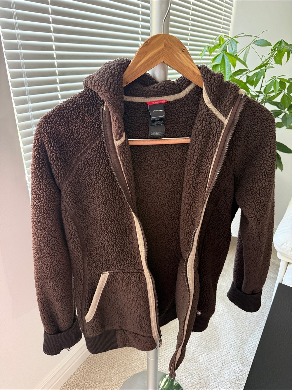 The North Face Brown Sherpa Fleece Zip Hoodie with Cream Trim
